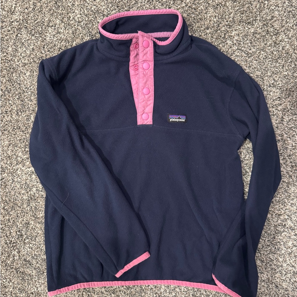 Patagonia Blue and Pink Cowl Neck Sweater